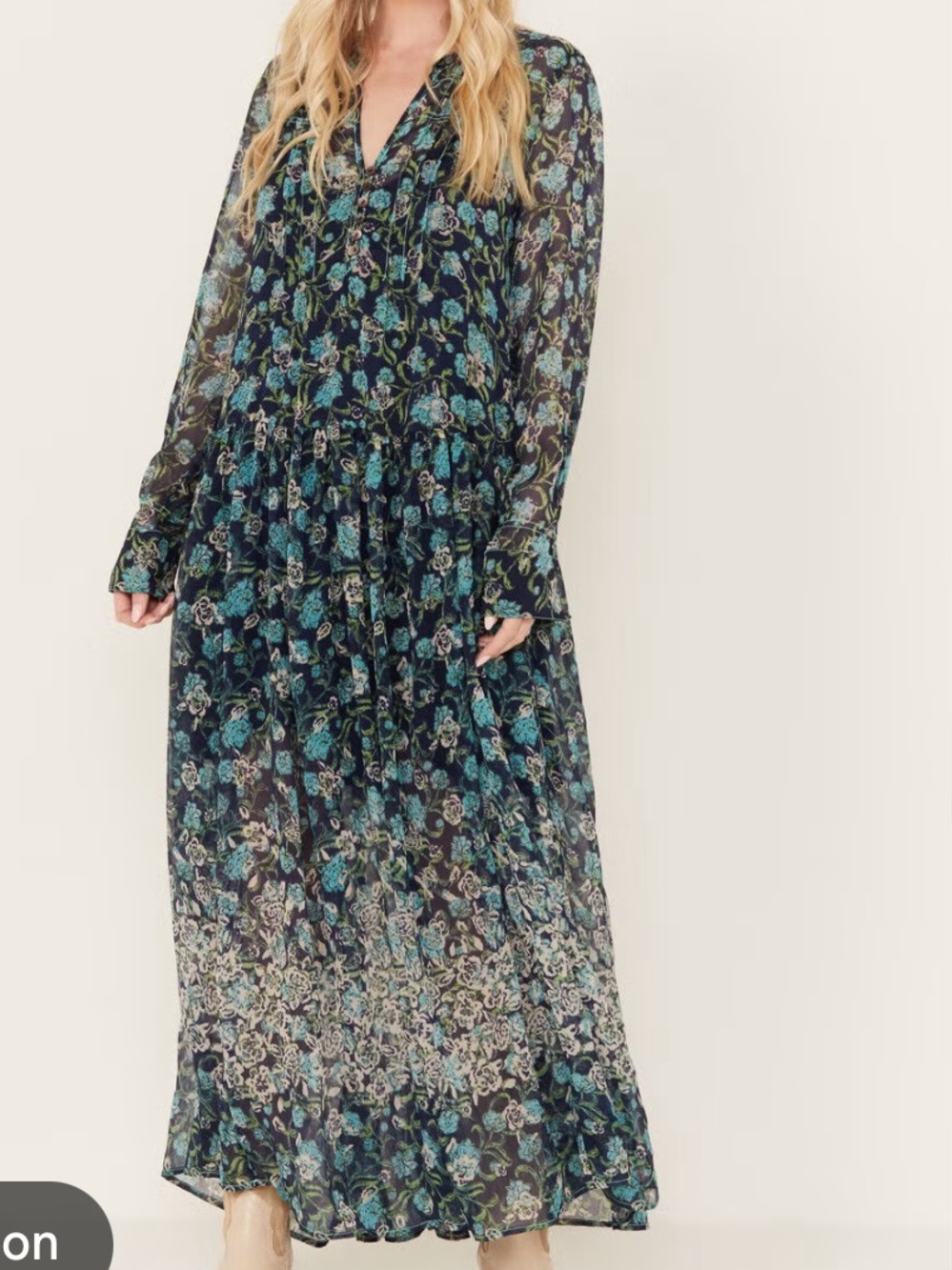 Free People Navy Floral Tiered Maxi Skirt with Teal Accents